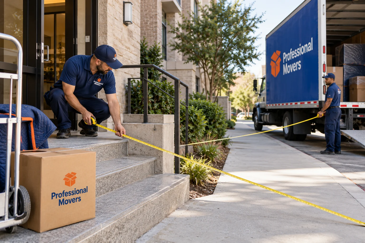 Mover measures distance from building entrance to moving van
