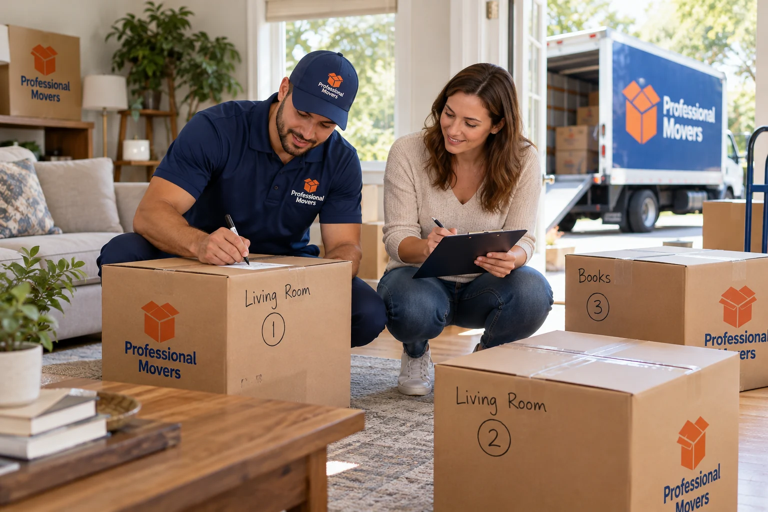 Mover and customer count labeled cartons in a living room
