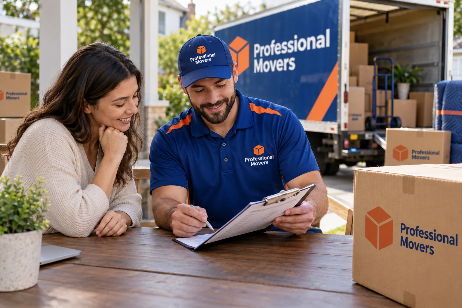 Customer and branded moving coordinator examine shipment records