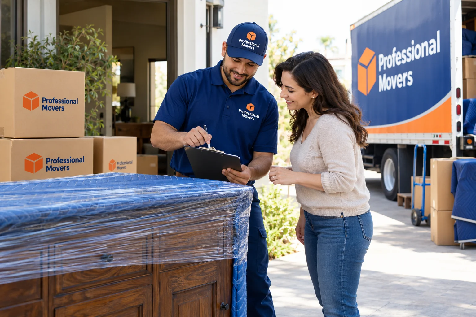 Branded mover inspects wrapped furniture with homeowner at delivery