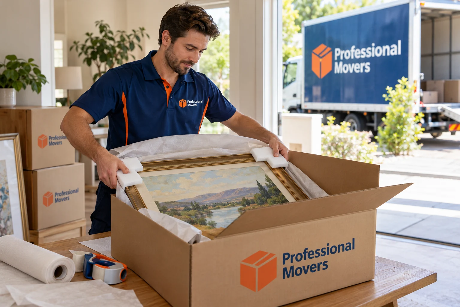 Branded mover packs framed artwork with clean protective corners