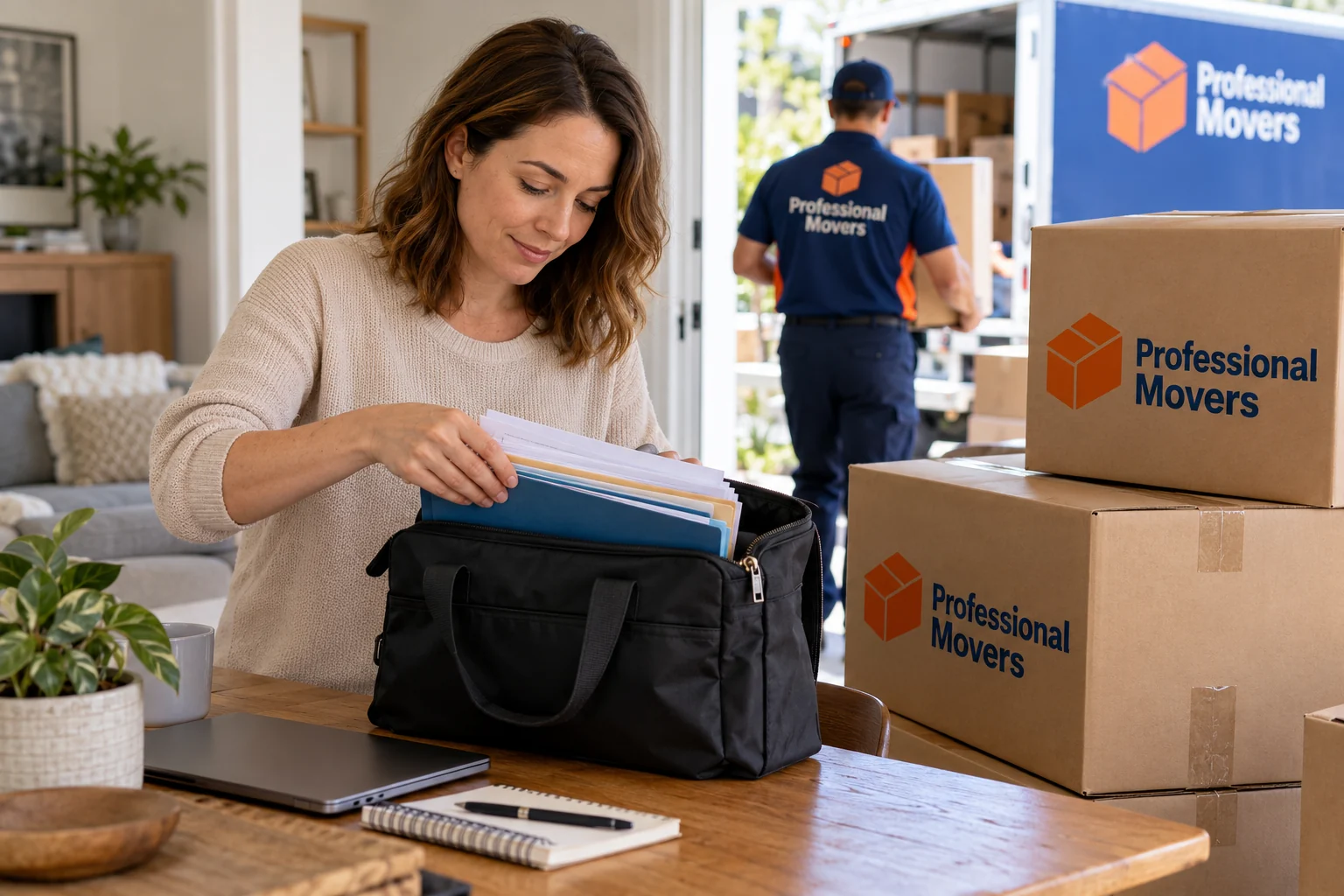 Homeowner sorts documents into a carry bag beside branded cartons