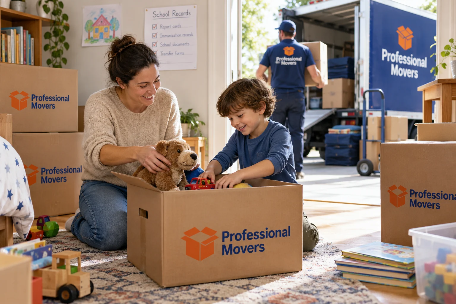 Parent and child pack a toy box beside branded cartons