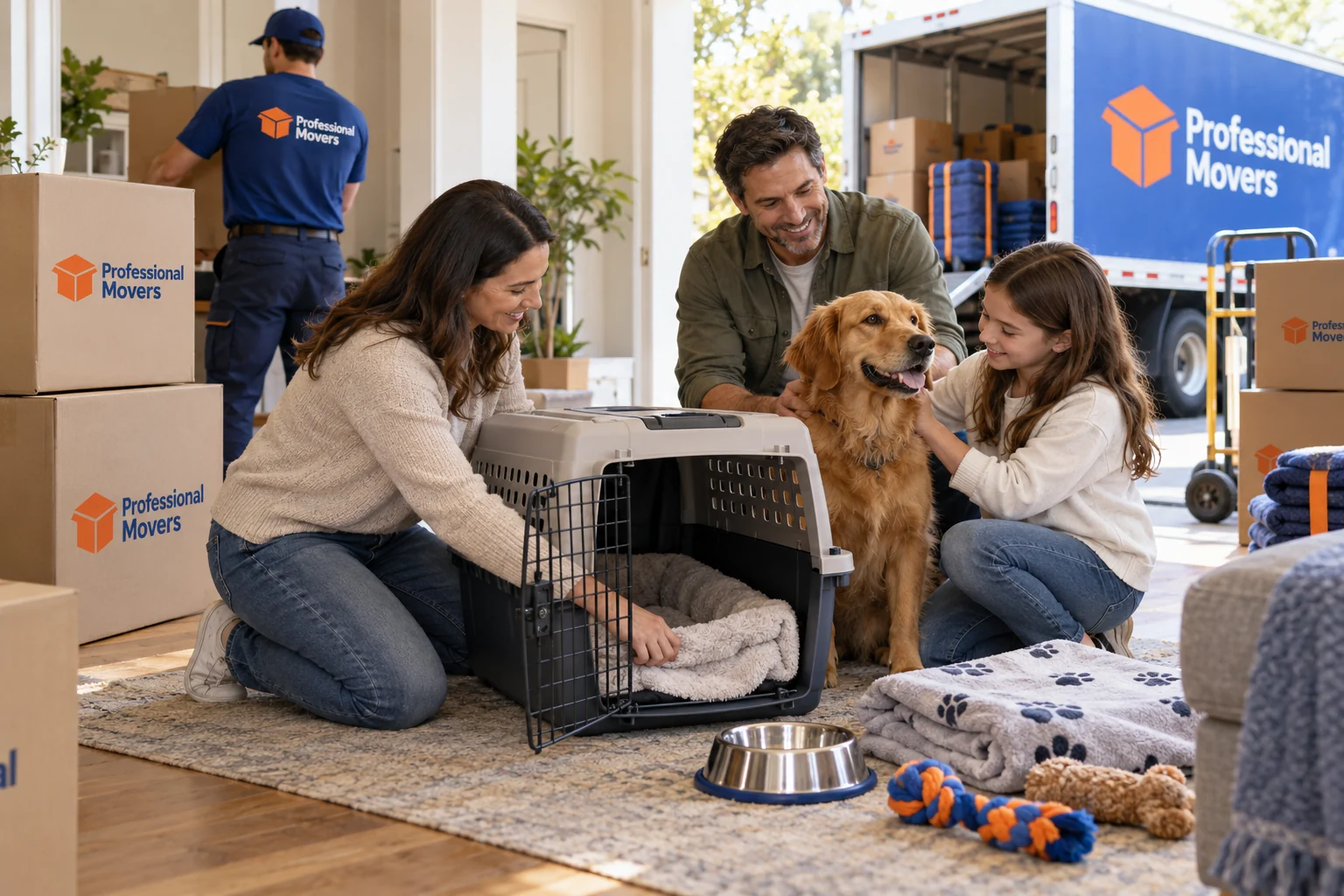 Family prepares a pet carrier beside branded packing cartons
