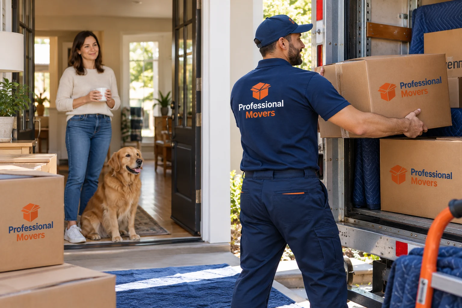 Mover loads boxes while a calm dog stays with homeowner