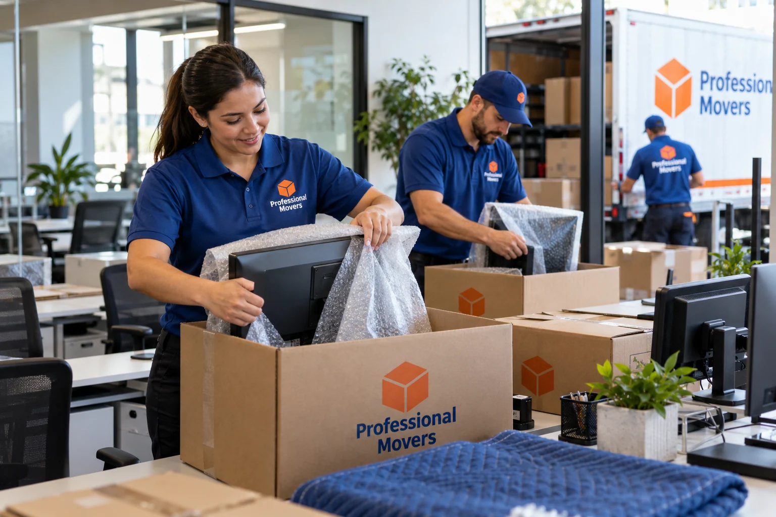 Branded crew packing monitors in a contemporary office