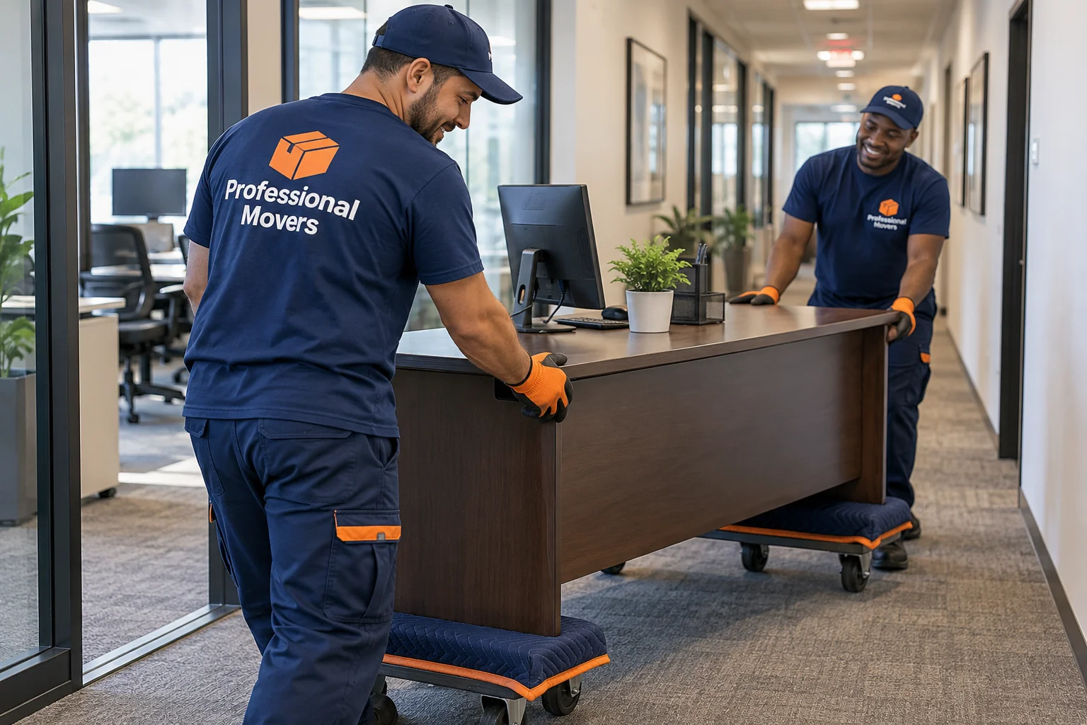 Movers carefully rolling an office desk through a hallway