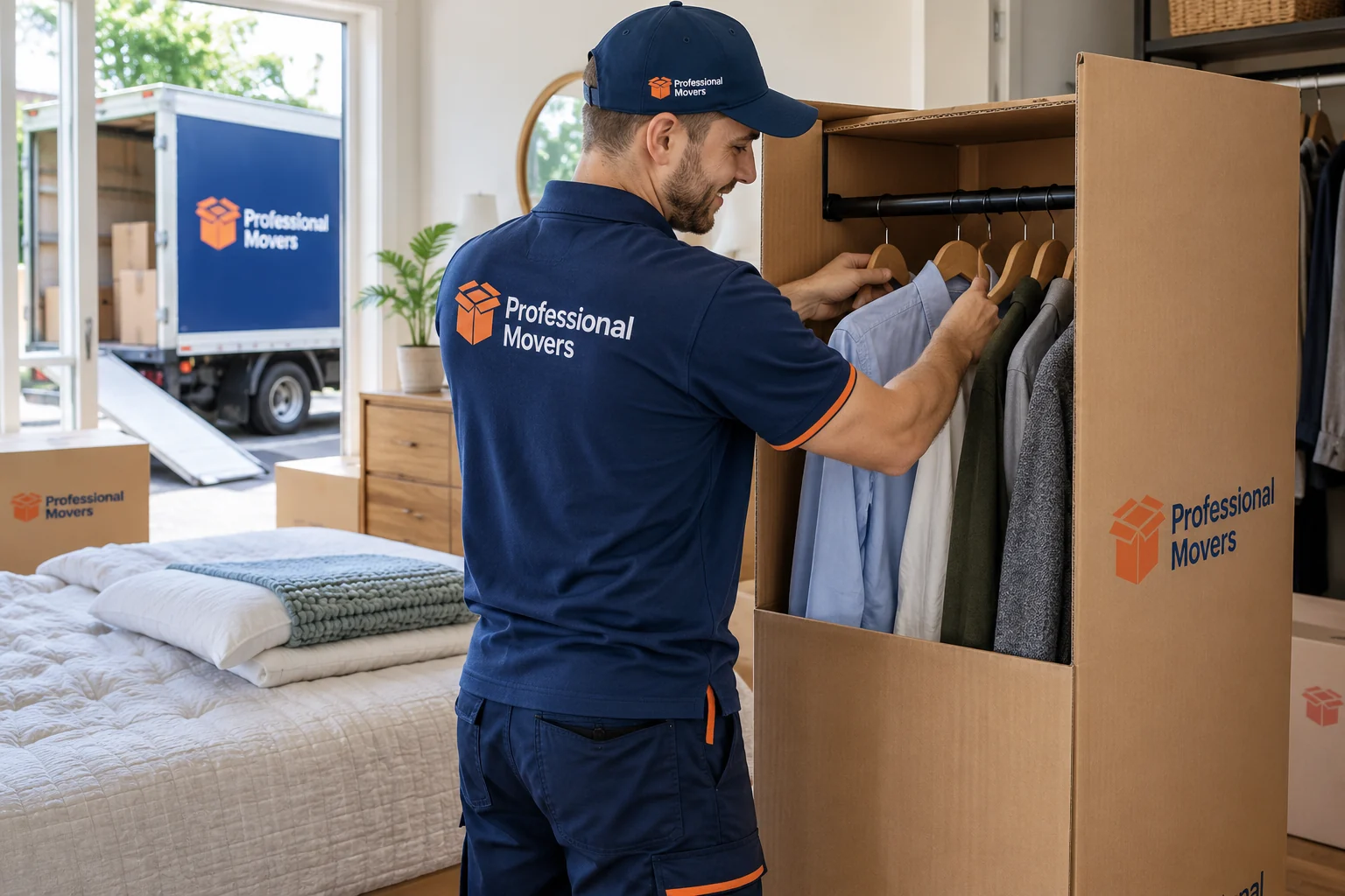 Branded packer hangs clothing inside a wardrobe carton