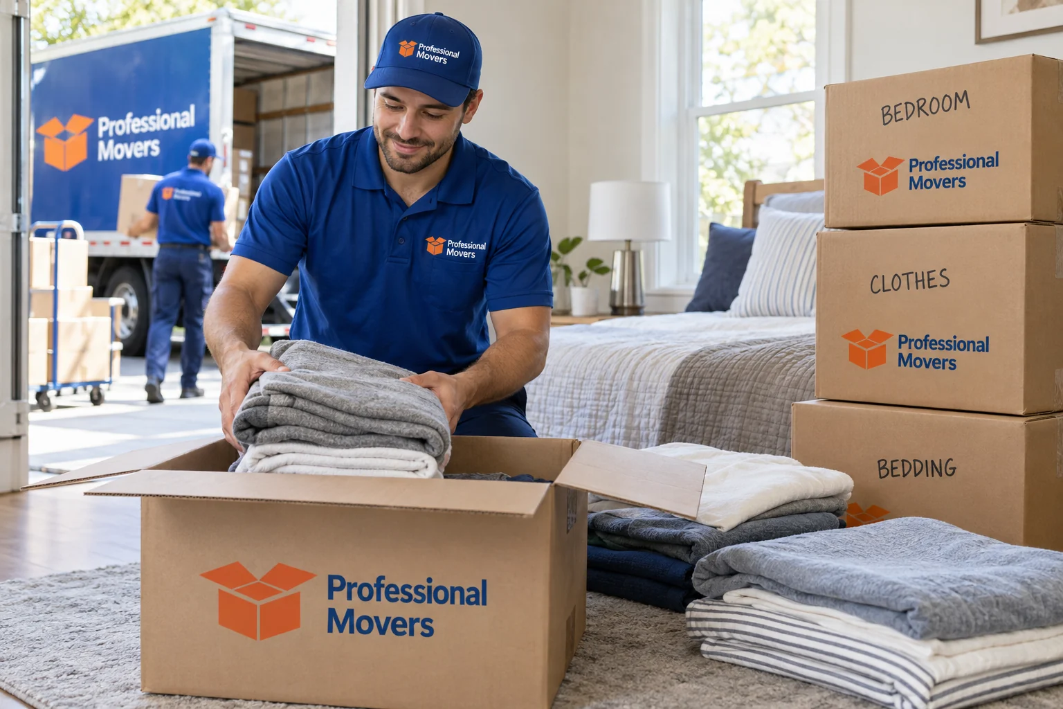 Mover folds blankets beside neatly labeled bedroom cartons