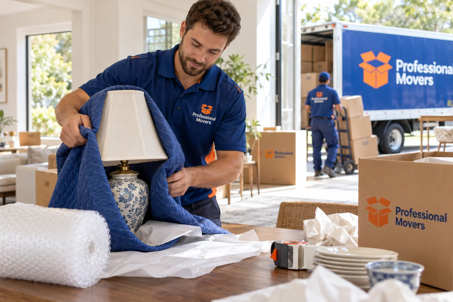 Branded mover pads a delicate lamp in an airy home