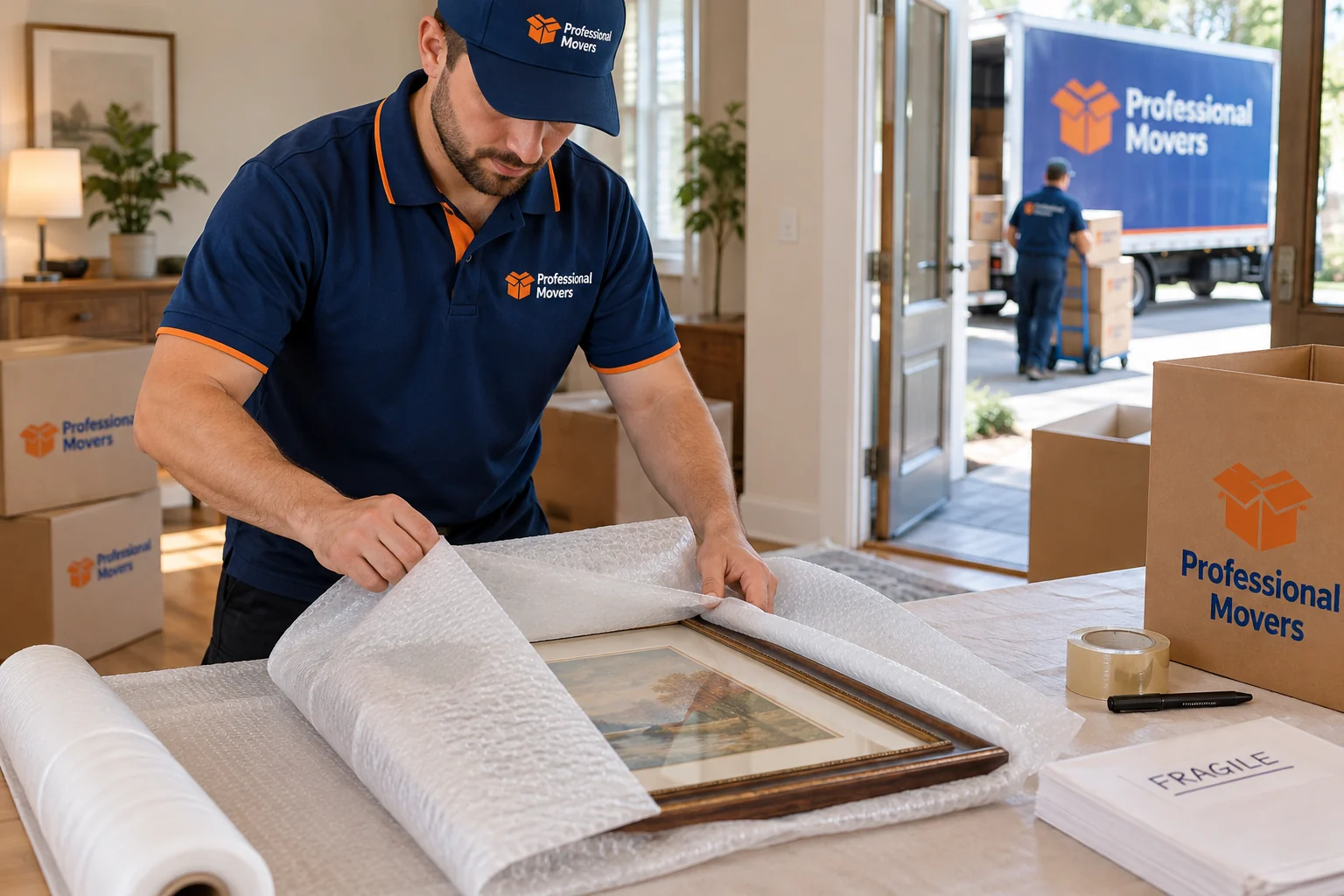 Packer creates protective wrapping around framed artwork