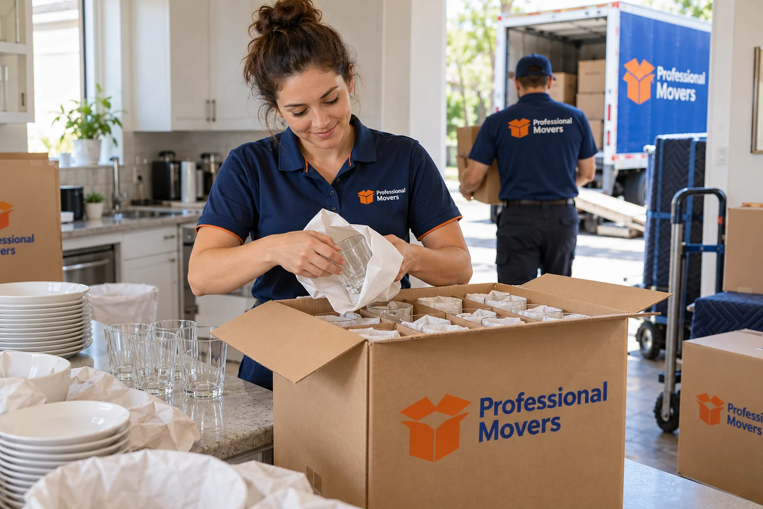 Branded packer carefully wraps individual drinking glasses