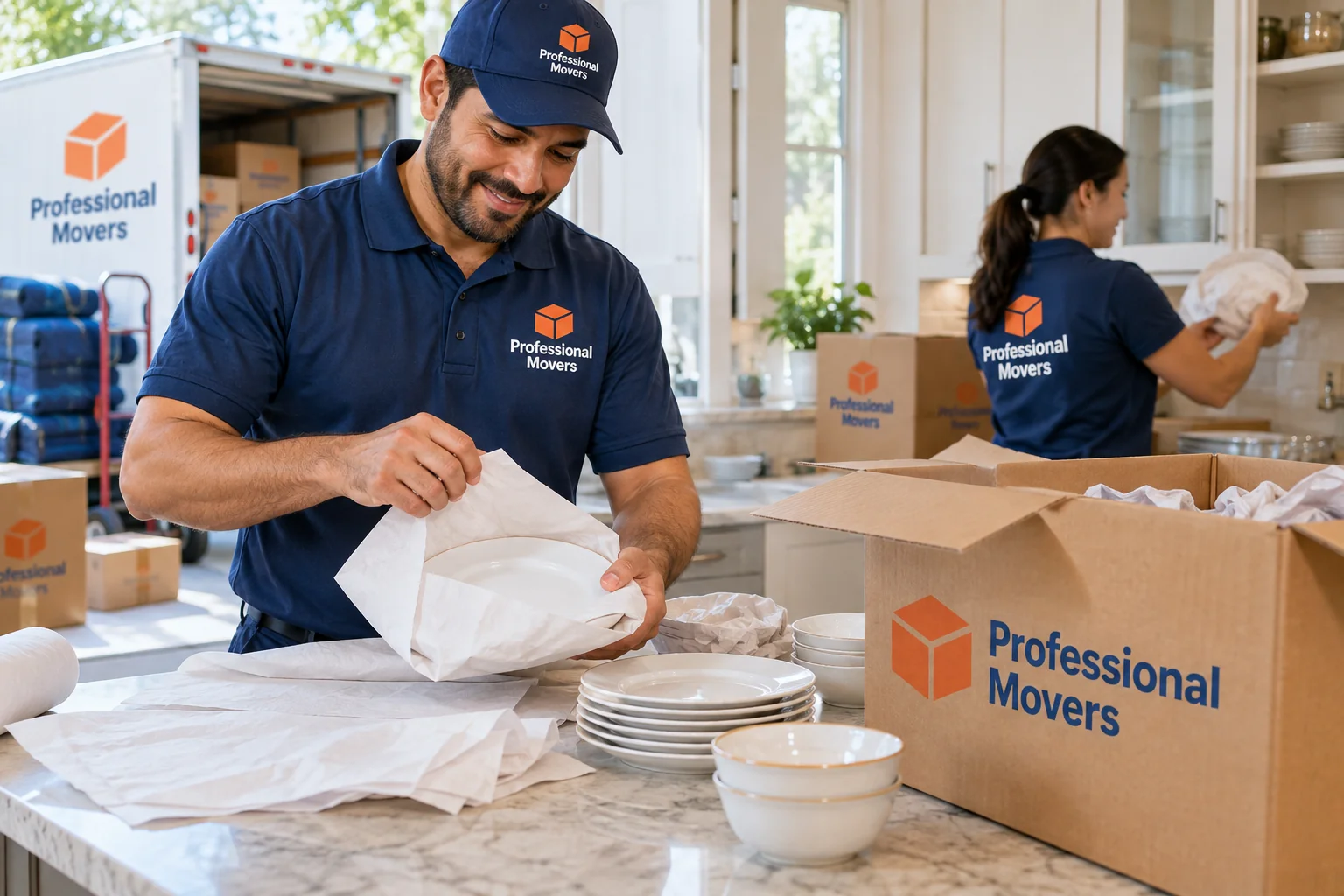 Mover carefully packing kitchen dishes at a bright counter