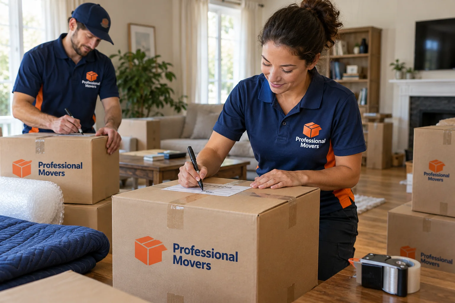 Two packing professionals label boxes in a living room