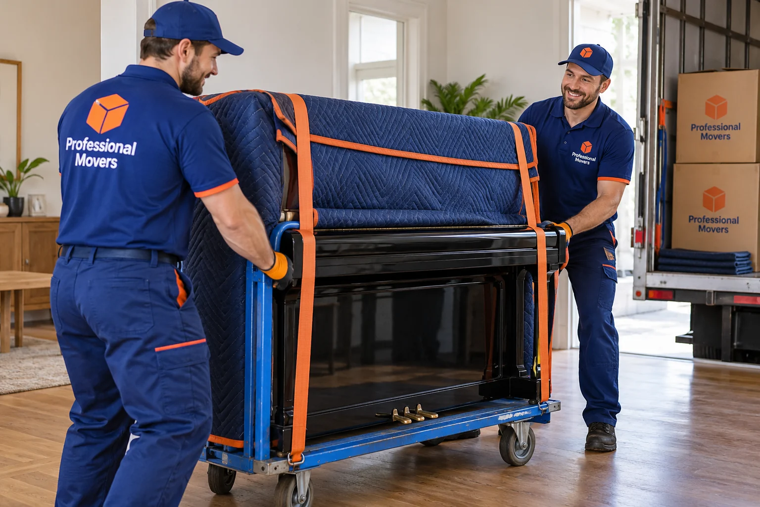 Branded specialist movers handle an upright piano with a dolly