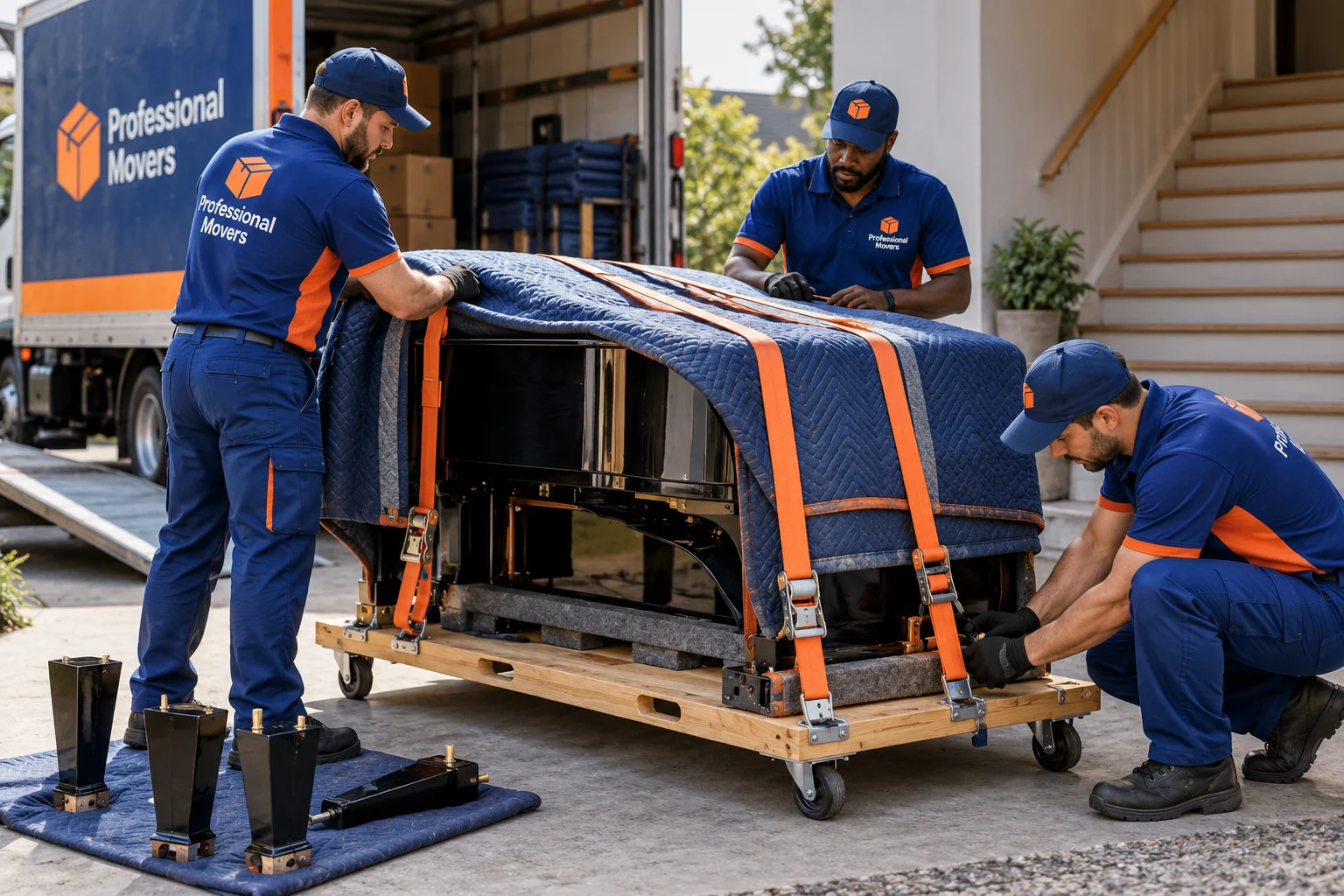 Crew secures a padded grand piano on professional moving board