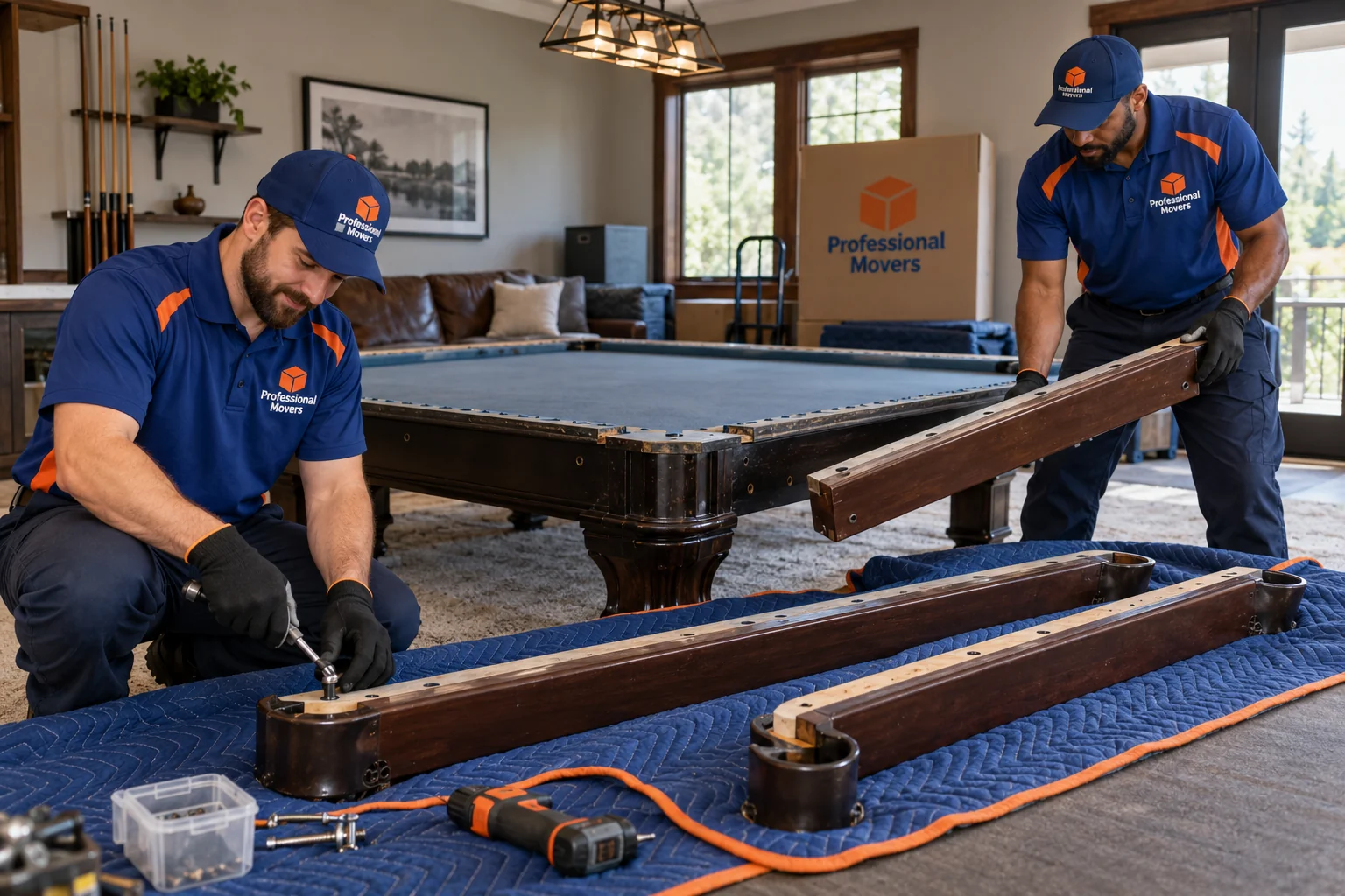 Branded specialty crew disassembles pool table in recreation room