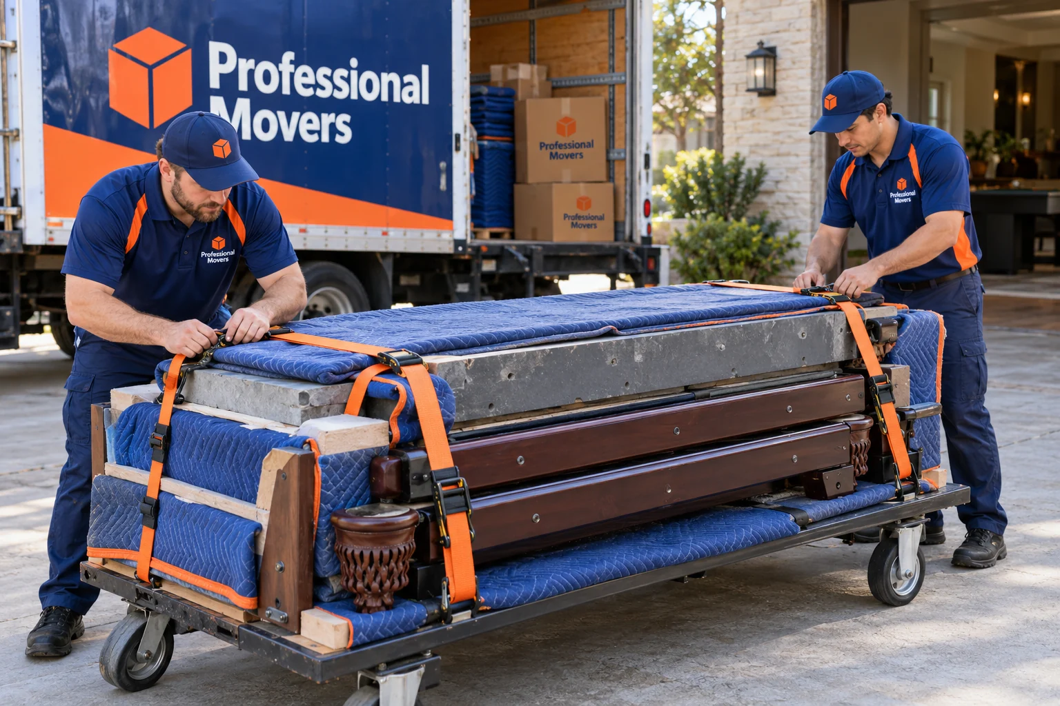 Movers secure wrapped pool table components on padded cart