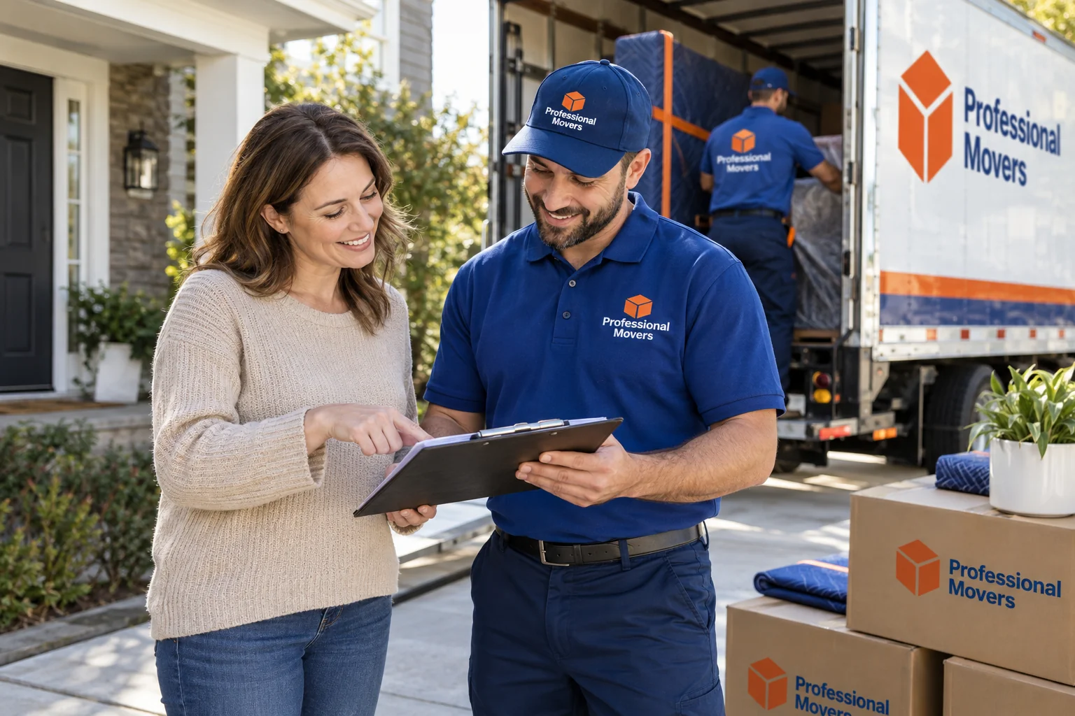 Homeowner reviewing moving budget with branded mover