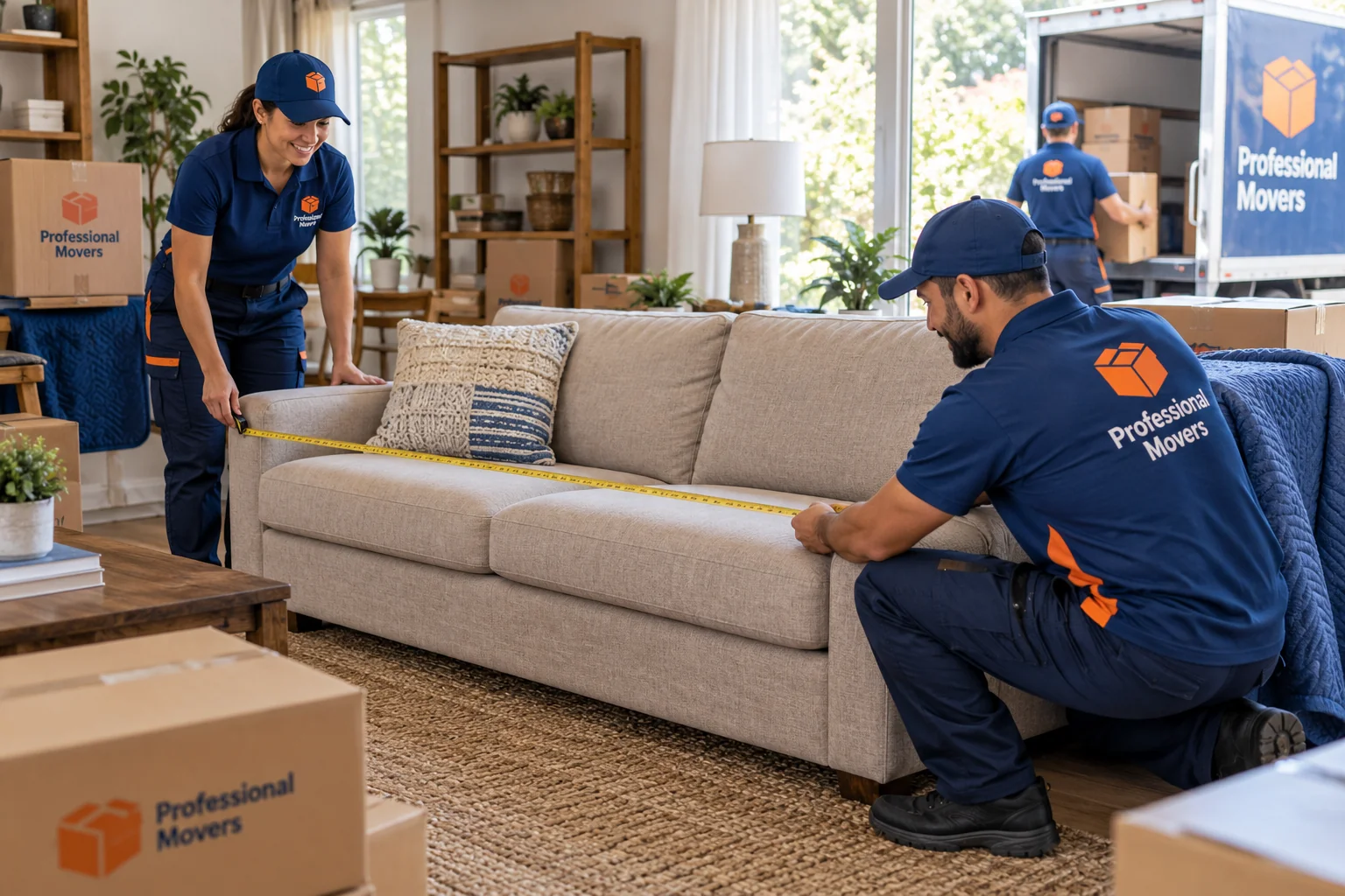 Mover measures sofa near household inventory and boxes