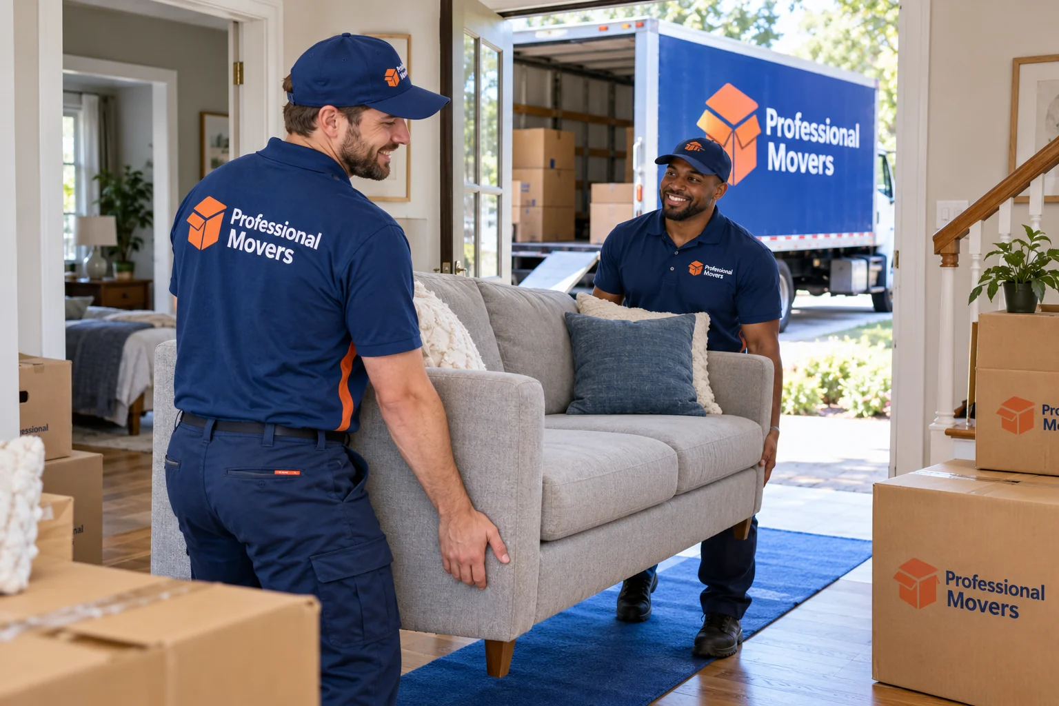 Branded moving crew carrying a sofa from family house