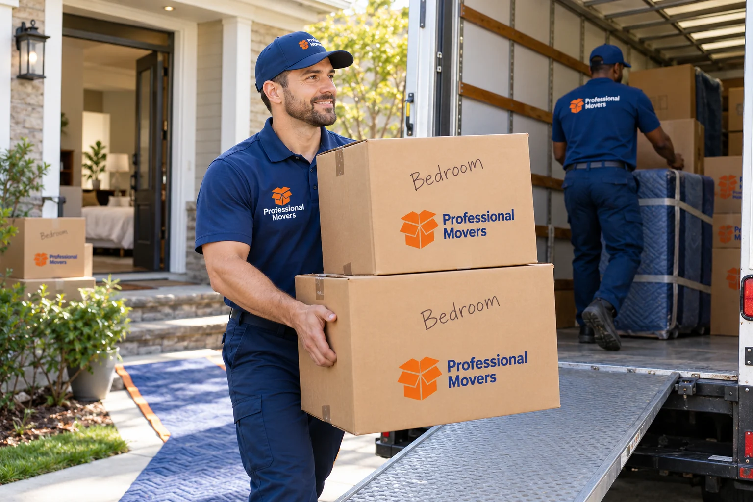 Mover carries labeled bedroom cartons to a moving truck