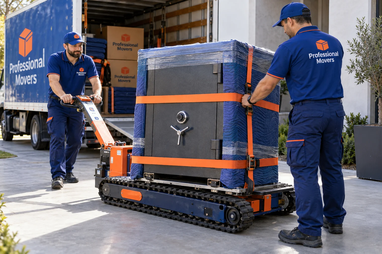 Branded specialists move a heavy safe with appropriate powered dolly