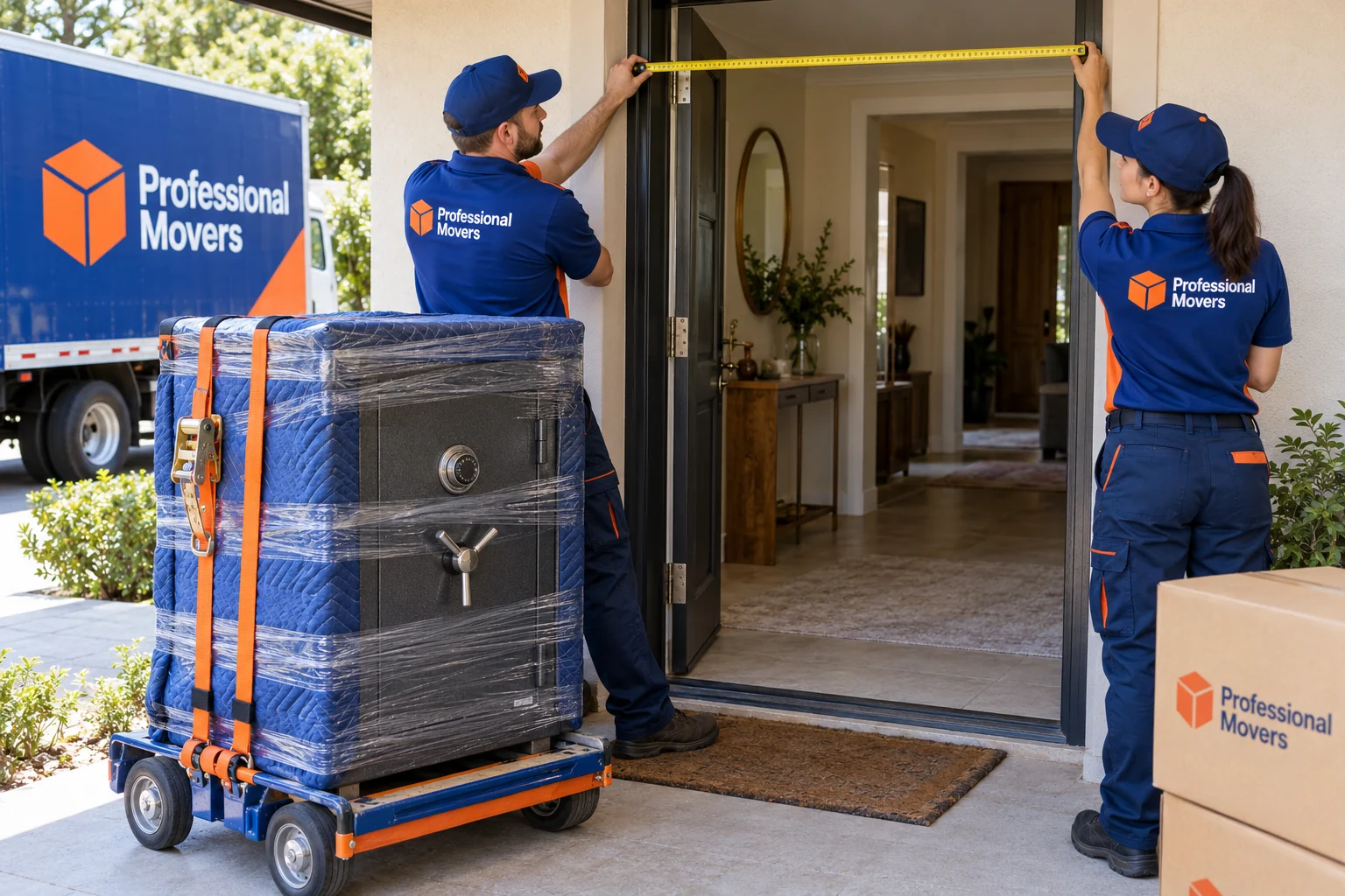 Crew measures doorway before transporting a wrapped steel safe