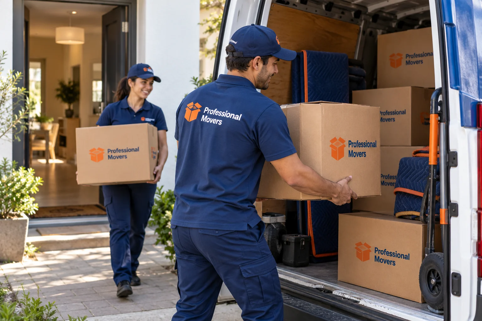 Branded crew loads clearly labeled boxes into a small van