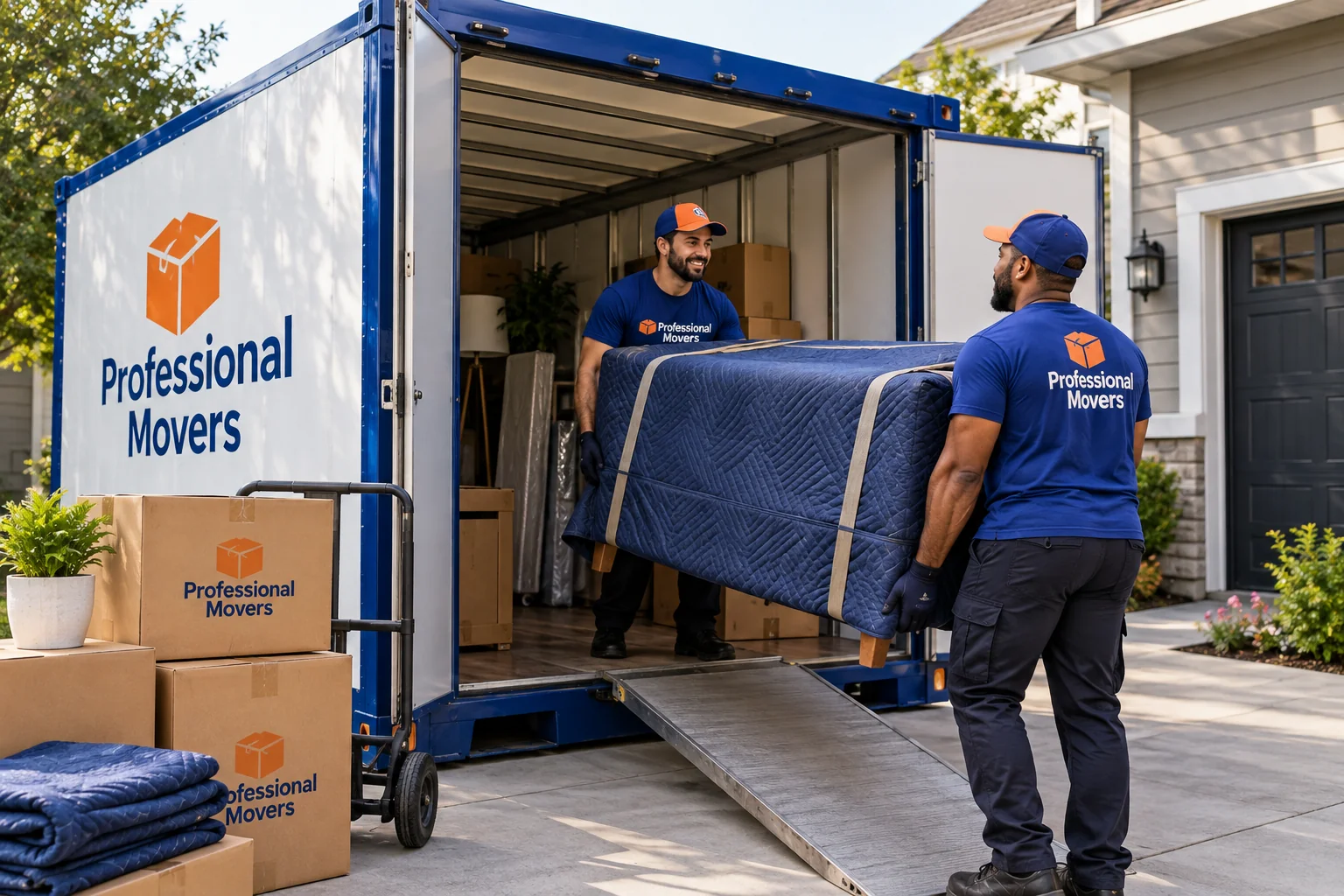 Branded portable moving container in a driveway with crew