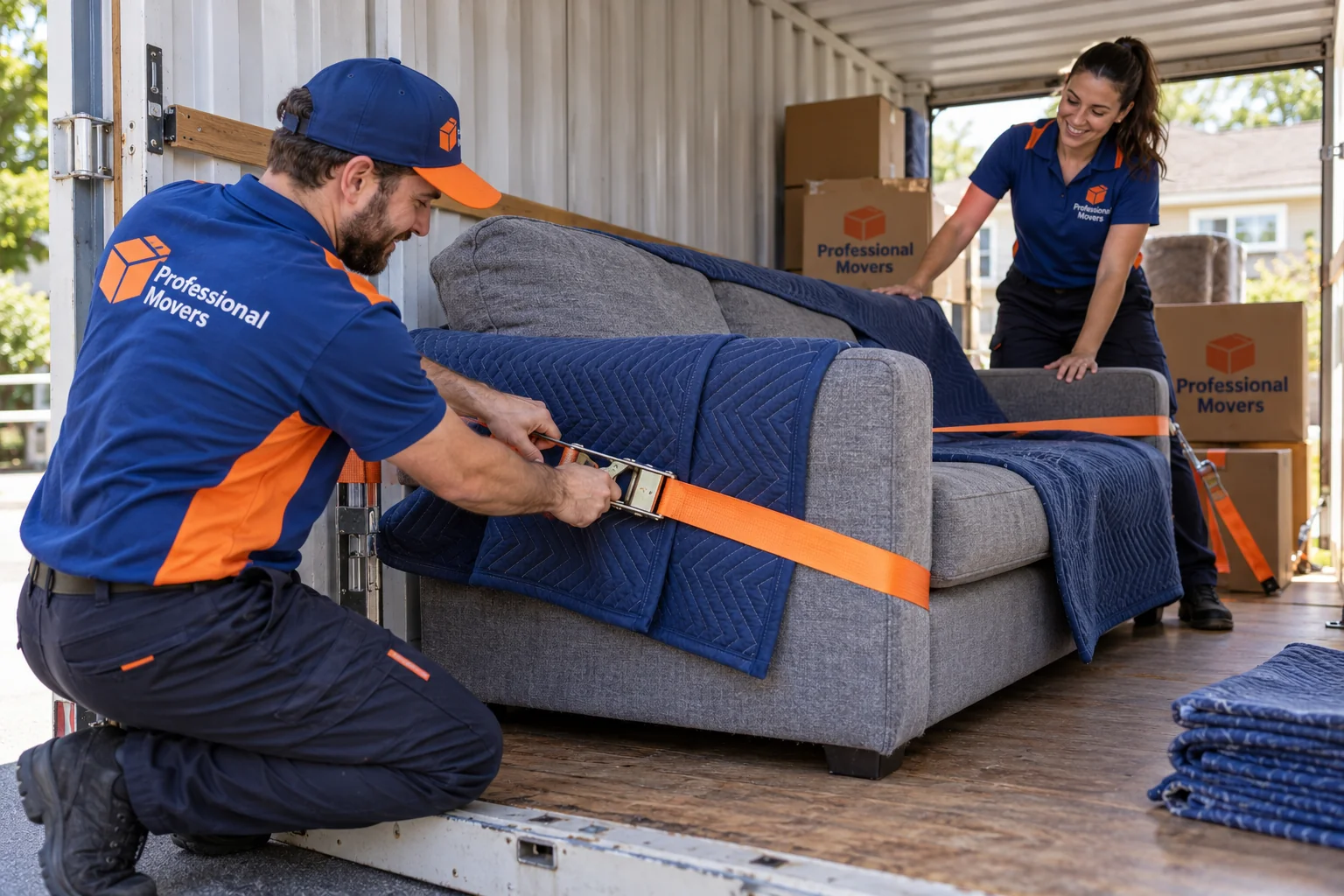Mover demonstrates securing a sofa in a portable container