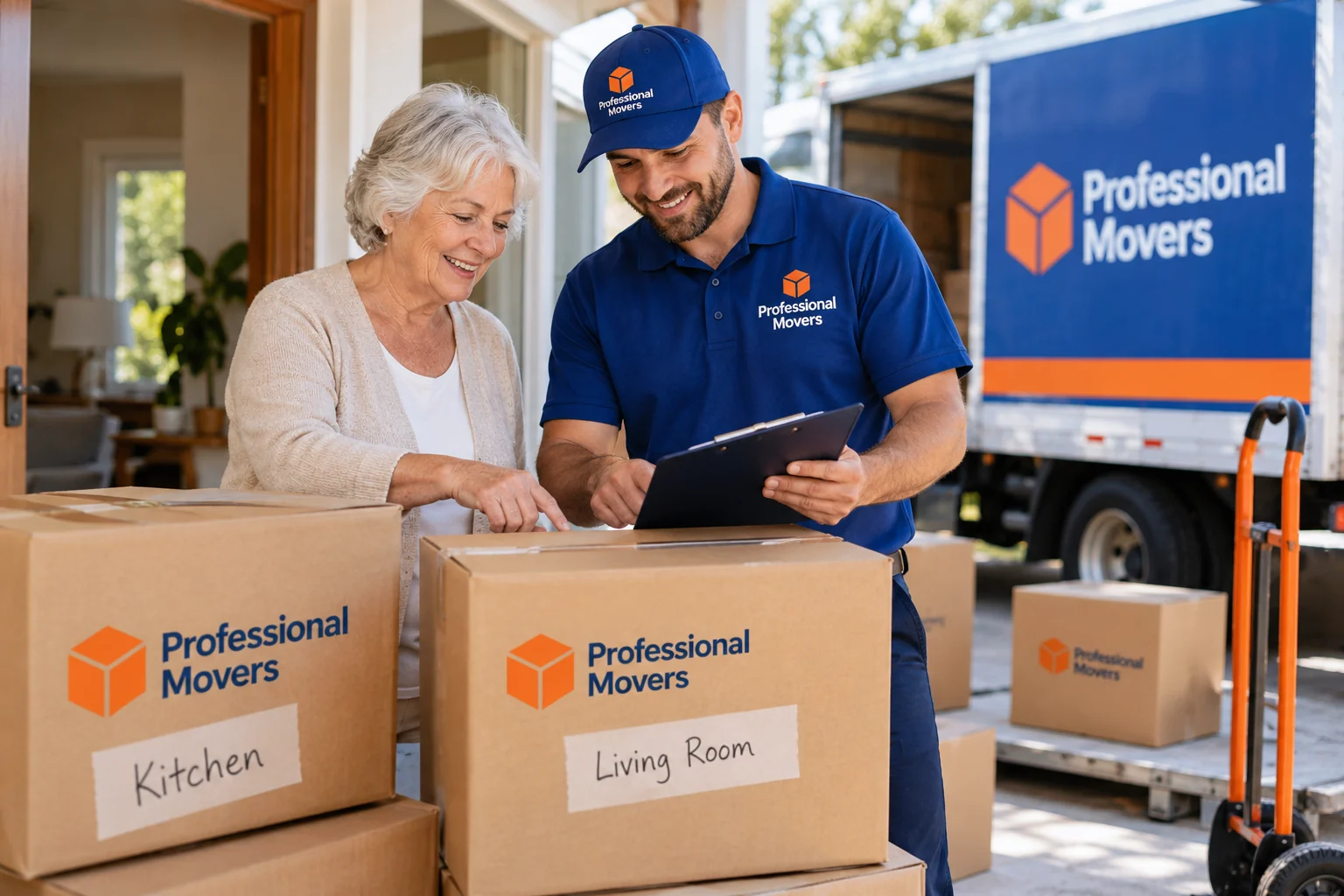 Older homeowner and branded moving coordinator review labeled boxes