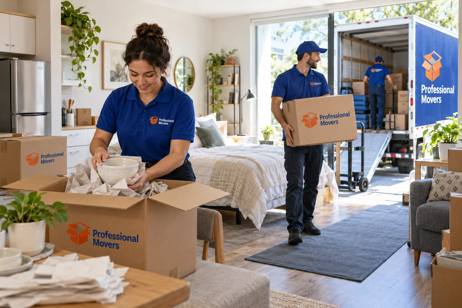 Branded movers pack a bright compact studio apartment
