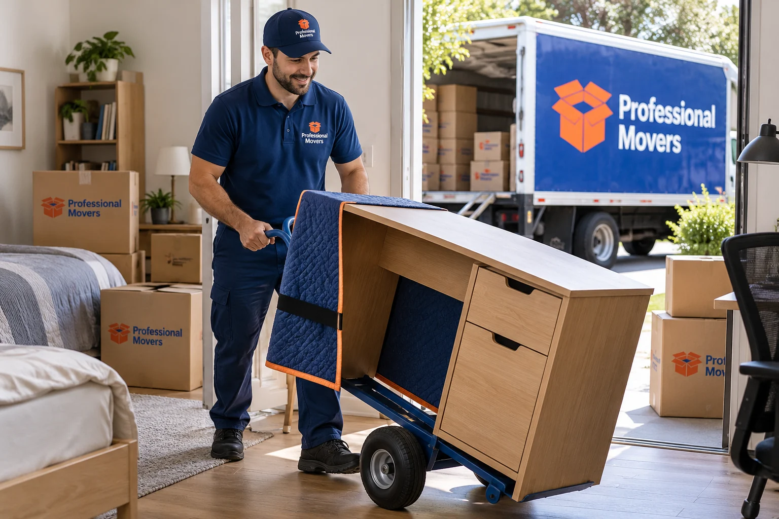 One branded mover handles a small desk with a hand truck
