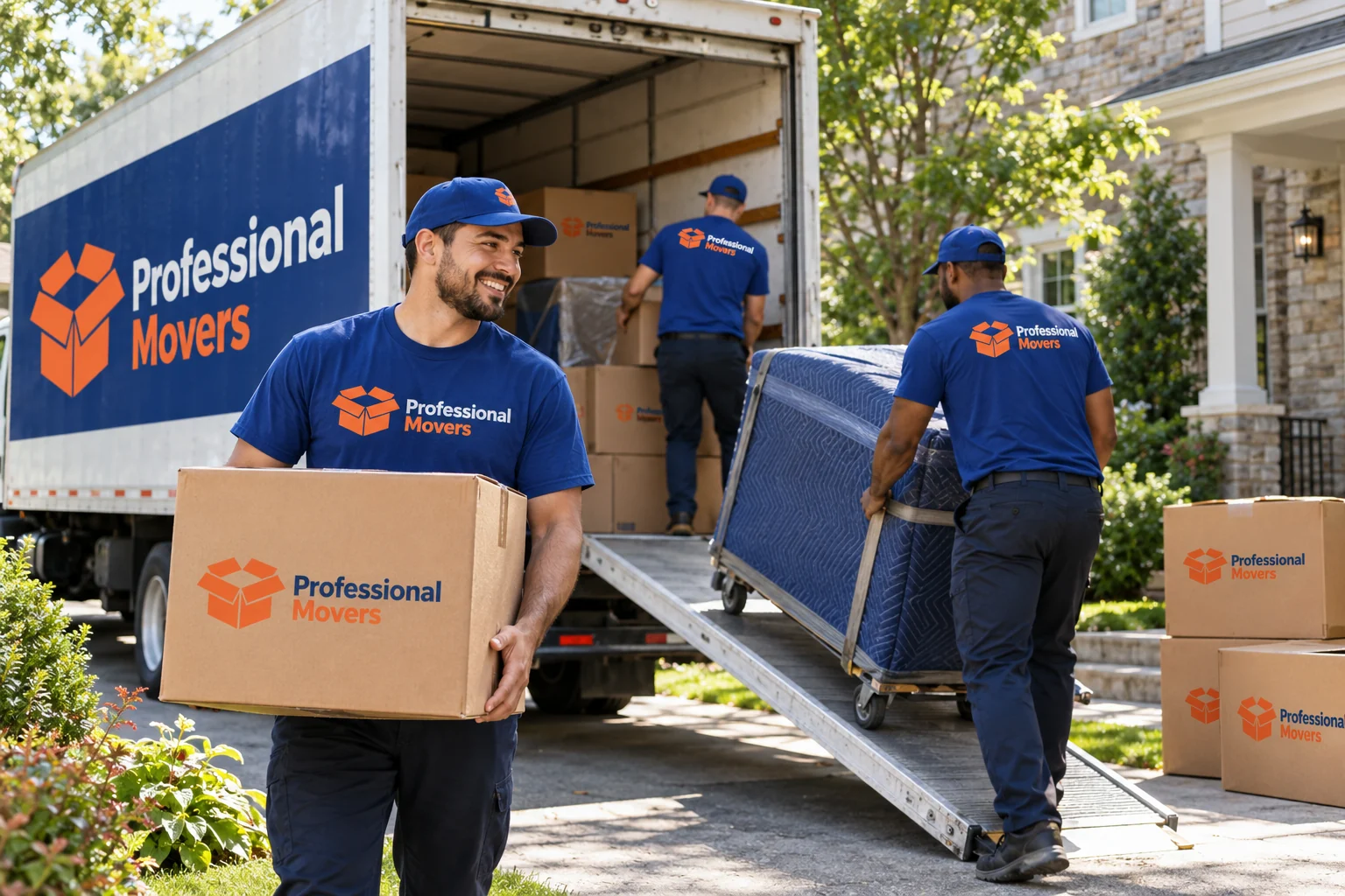 Branded household moving truck and crew in leafy neighborhood