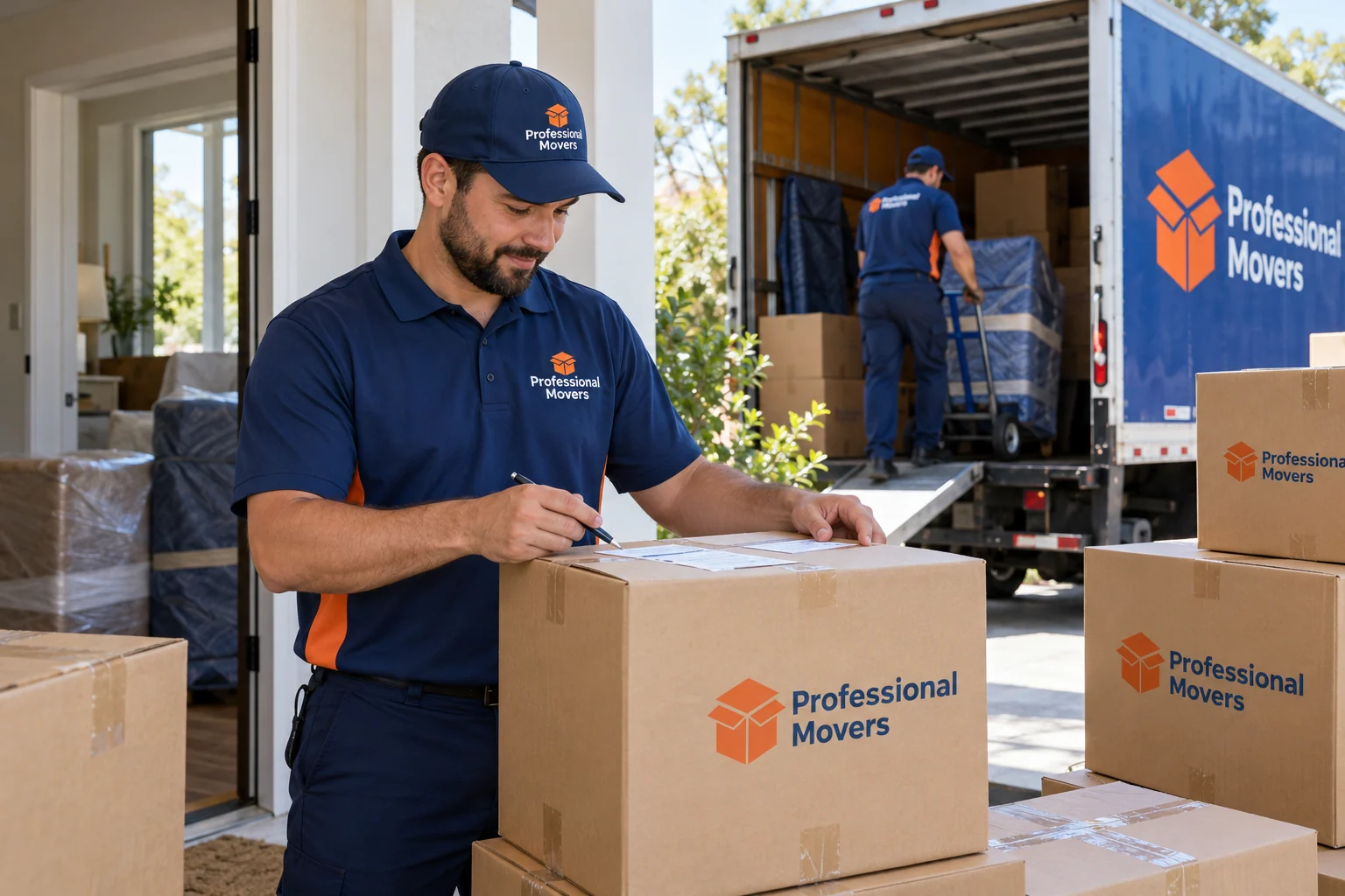 Mover checks labels on interstate shipment cartons