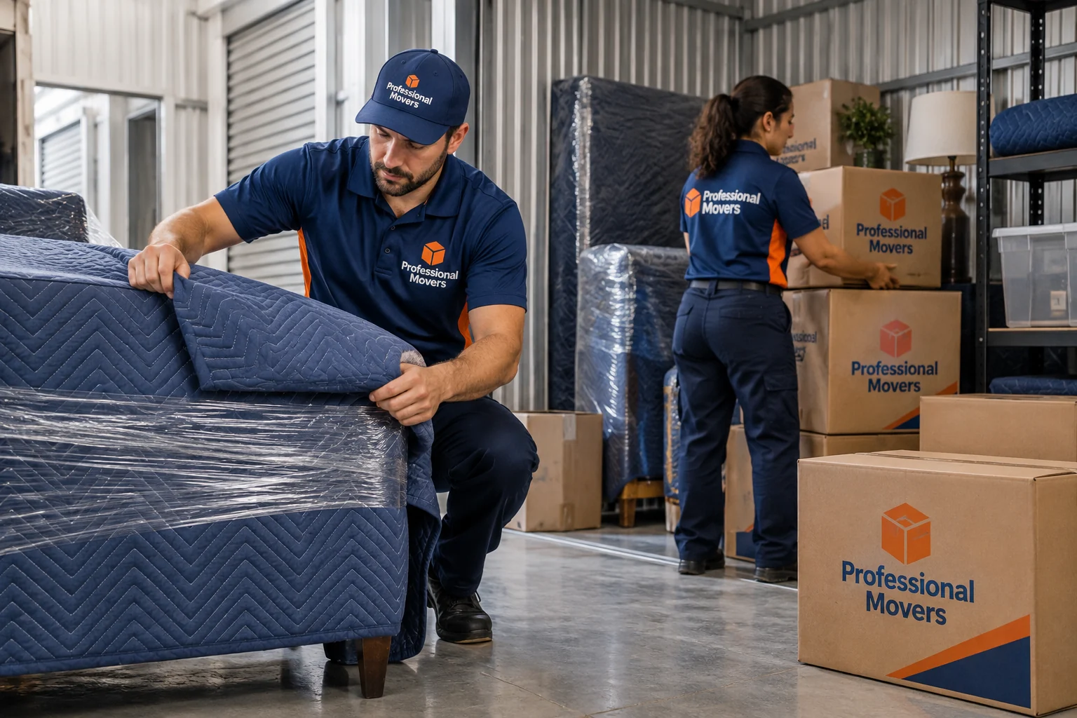 Branded mover covers clean furniture in storage facility