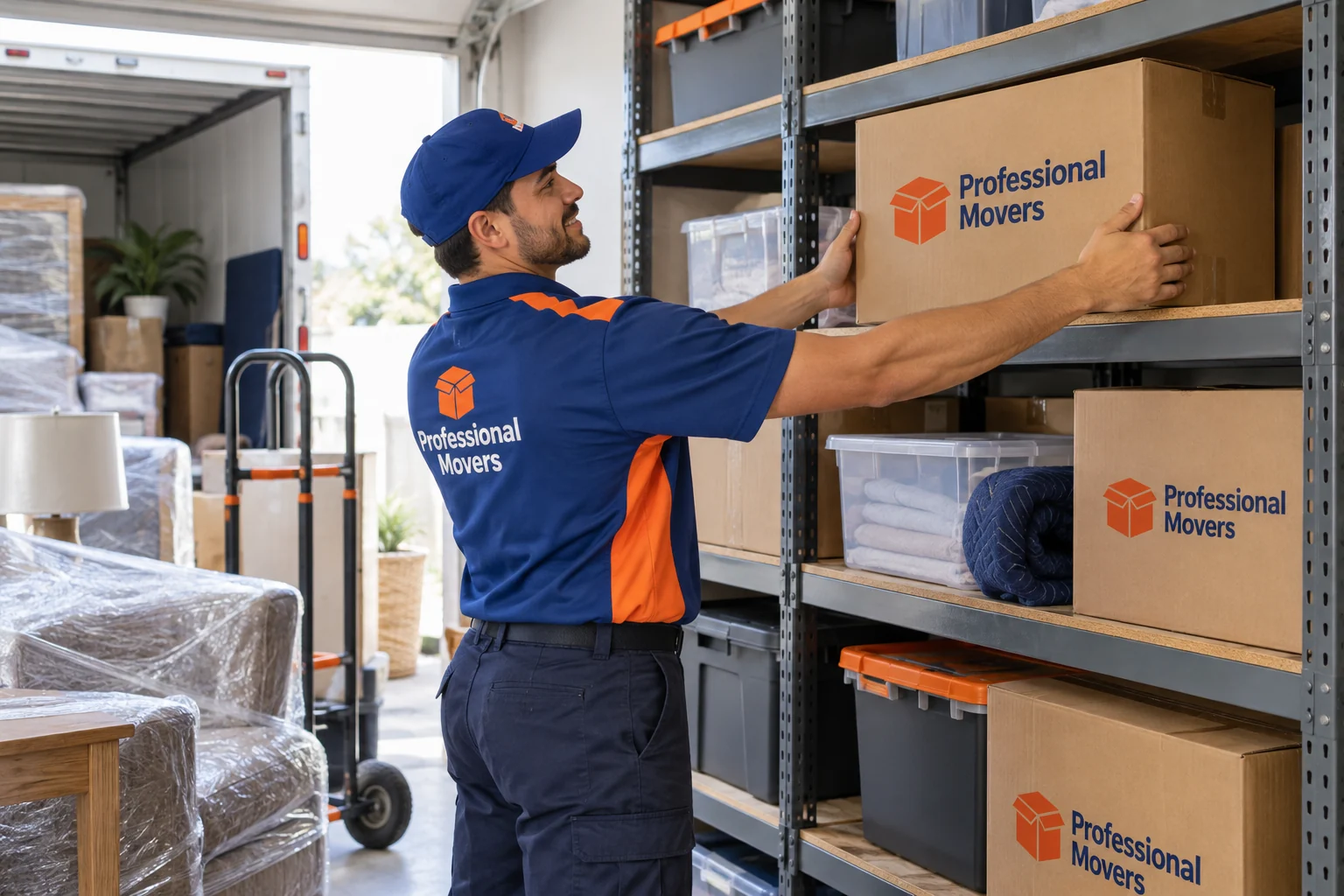 Mover arranges labeled cartons on raised storage shelving