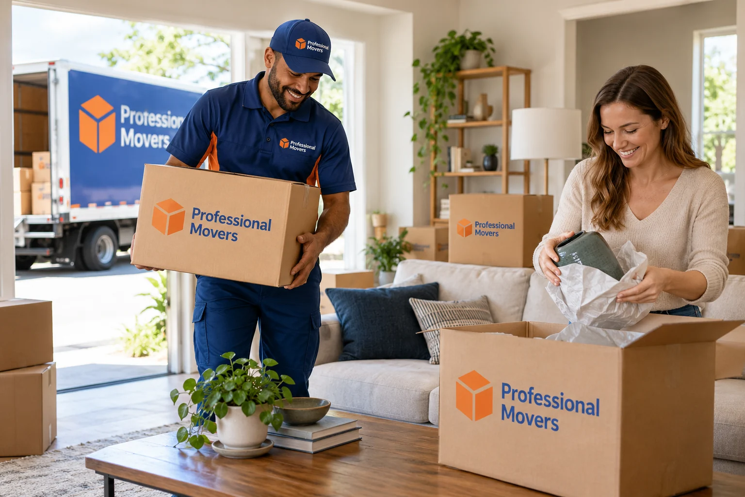 Branded mover and homeowner unpack a tidy new living room