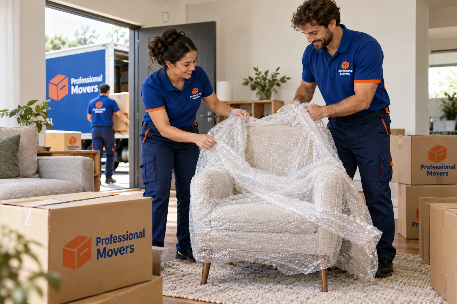 Crew removes protective wrapping from a chair in a new home