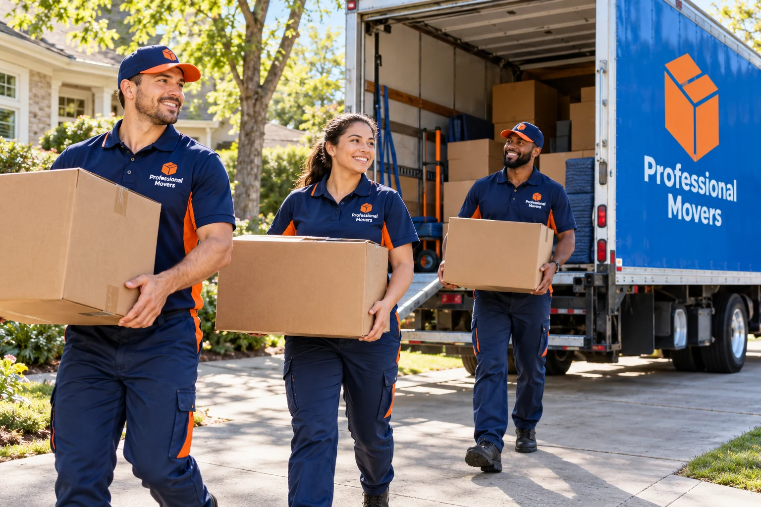 Professional Movers crew loading branded packing boxes beside a moving truck