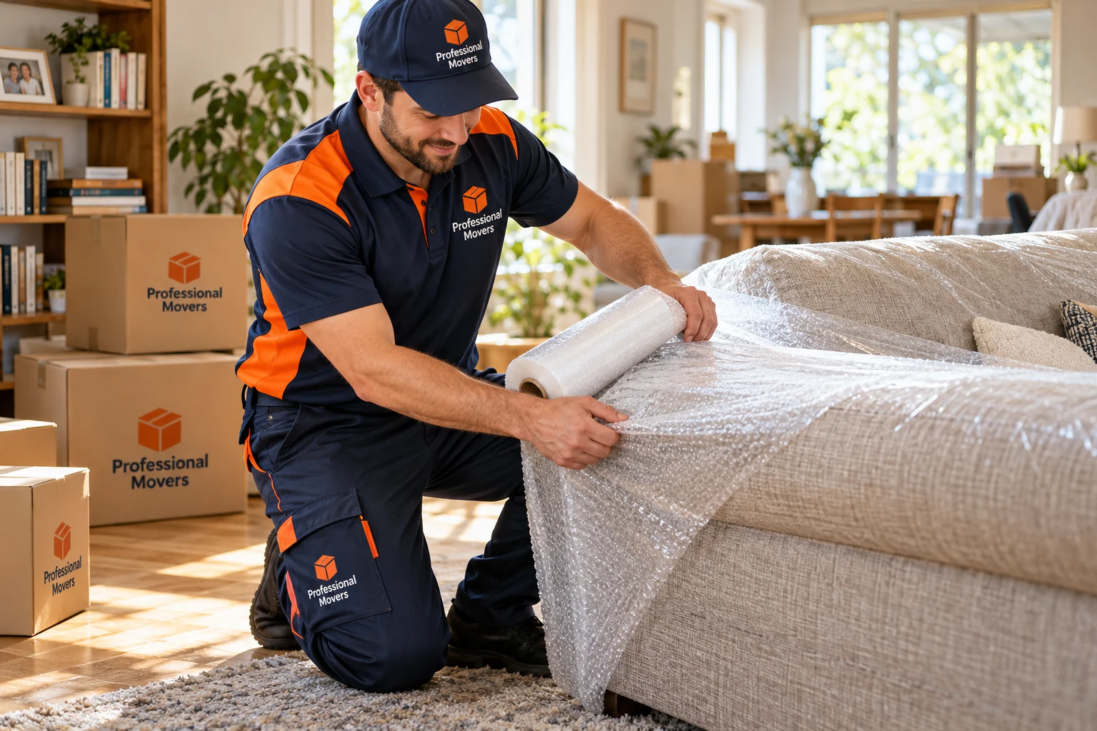 Mover in a Professional Movers uniform protecting furniture in a family home